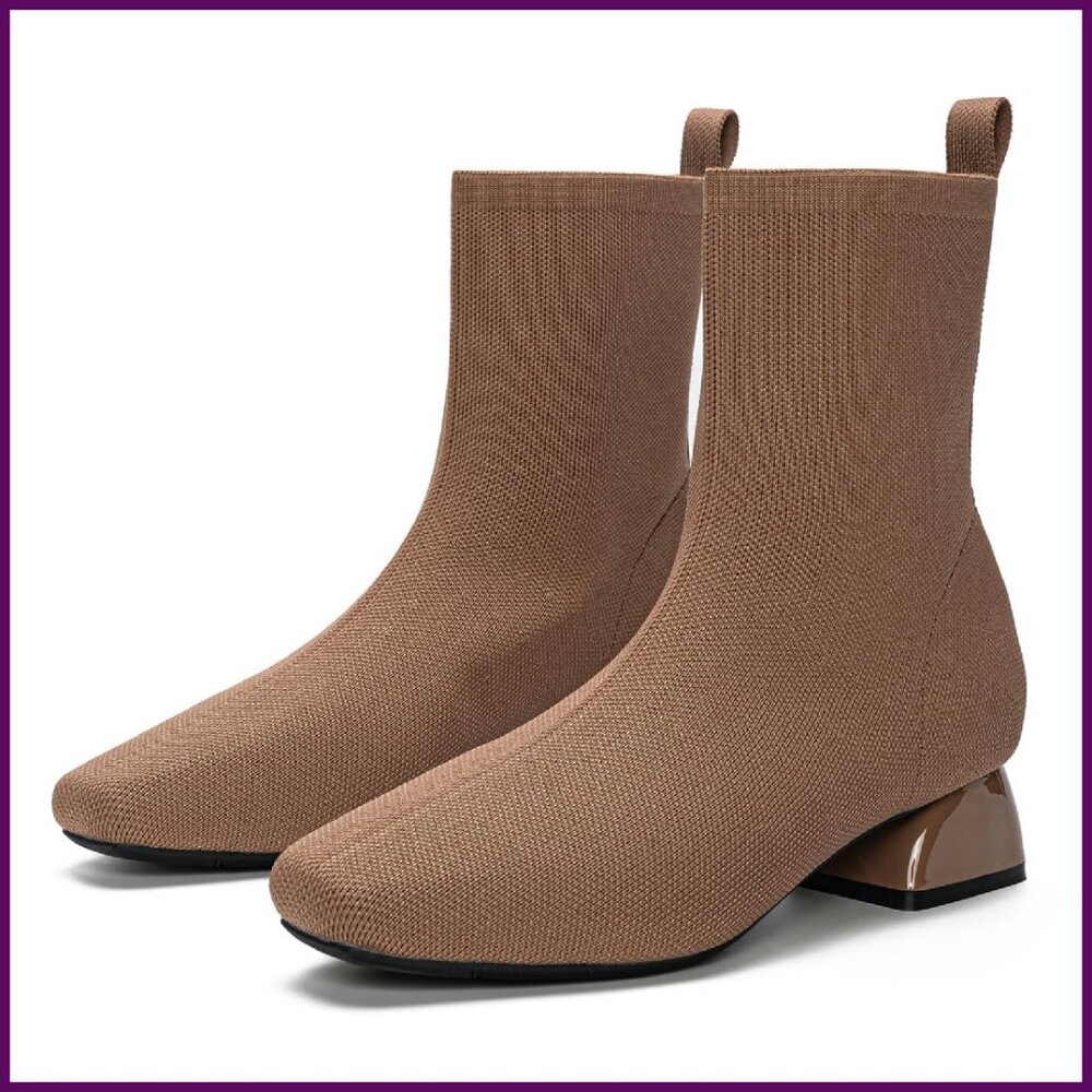Women's Chunky Heel Ankle Boots Slip On Square Toe Knit Winter Booties